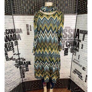 Robert Louis M Teal-Mustard Zig-ZAG Print 3/4 Ruched Sleeve Below Knee Dress